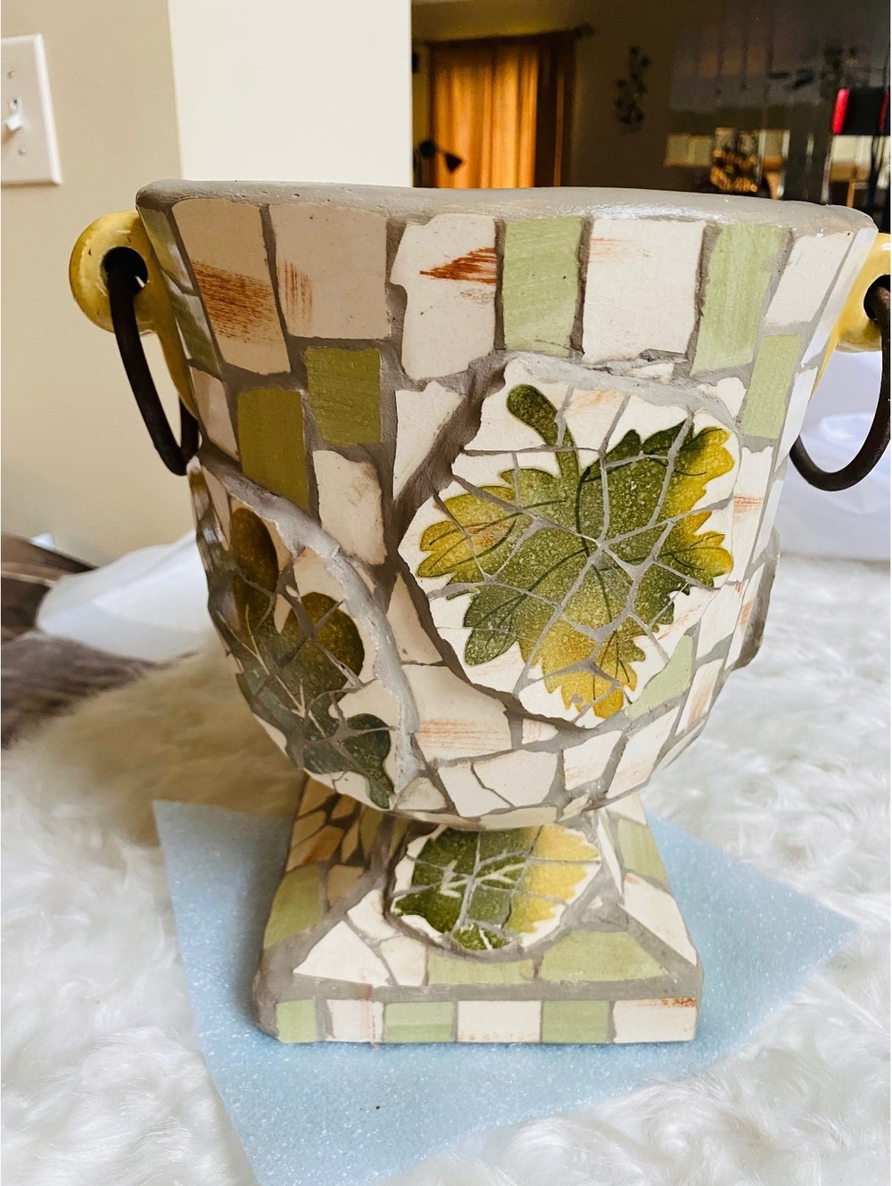 Mosaic Ceramic Flower Pot Leaf Design Handles Beige Green